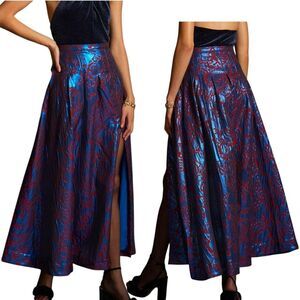 Anthropologie Maeve Pleated Shimmer Maxi Skirt Side Slit Blue Motif Size 4 $160